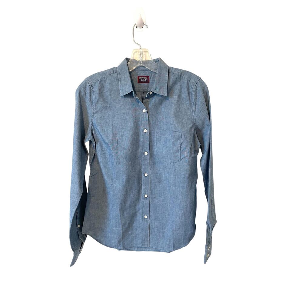 UNTUCKit Chambray Denim Long Sleeve Button Down Blouse Top Blue Size 2 NEW